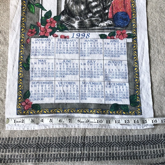 Vintage 1998 Calendar Tea Towel with Cat and Bird - Picture 3 of 3